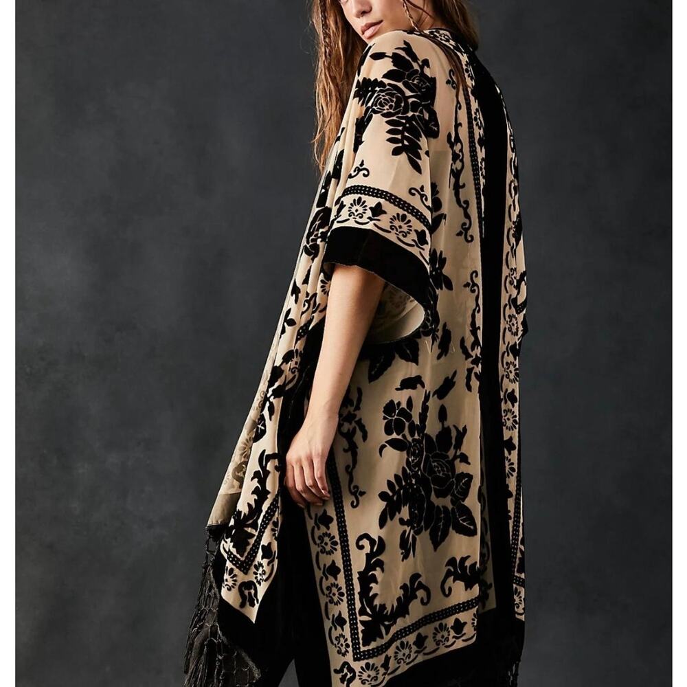Free People Beige and Black Floral Velvet Kimono